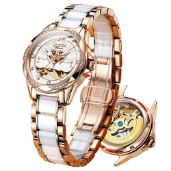 Luxus Mechanische Frauen Uhr Liebe Schwan Design Skeleton Elegante Keramik Band Wasserdicht Damen Armbanduhr Mädchen Kleid Uhr