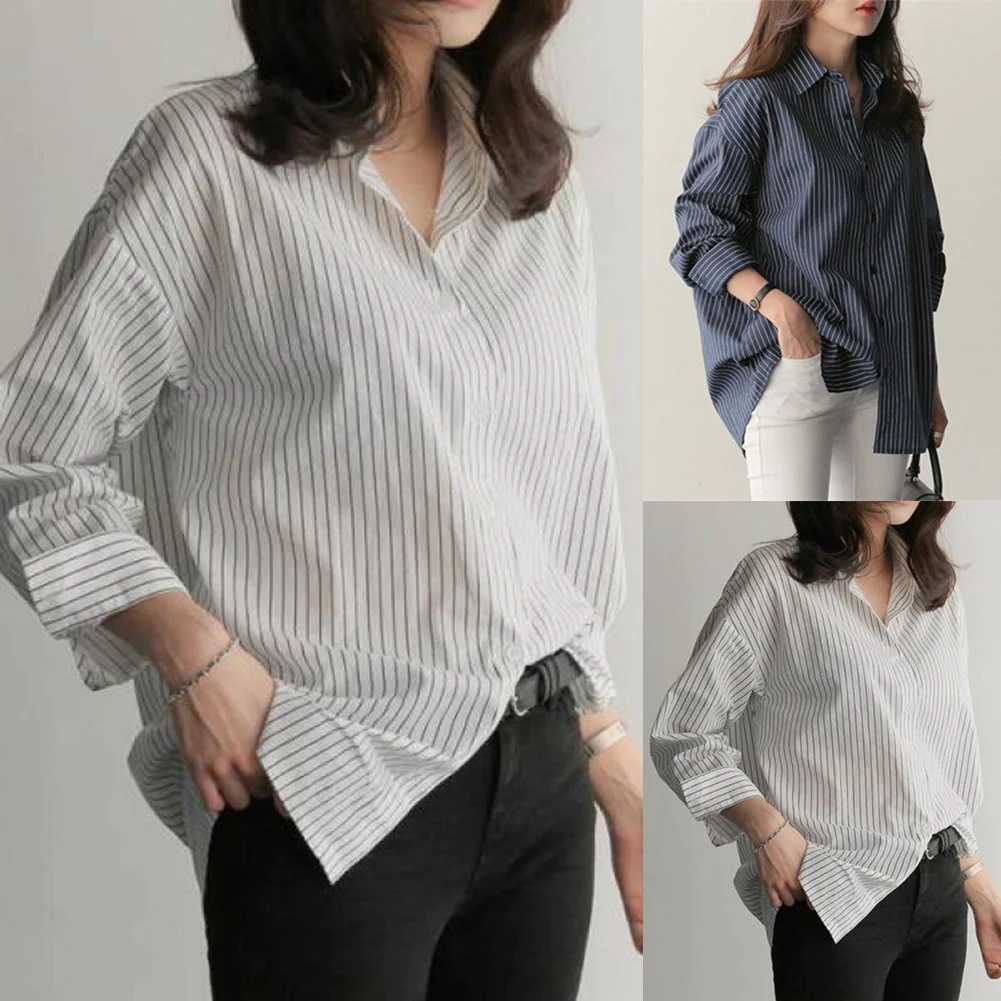 Striped Casual Women Shirt Loose Fit Oversized Blouse Long Sleeve Street Style Comfortable for Multiple Seasons