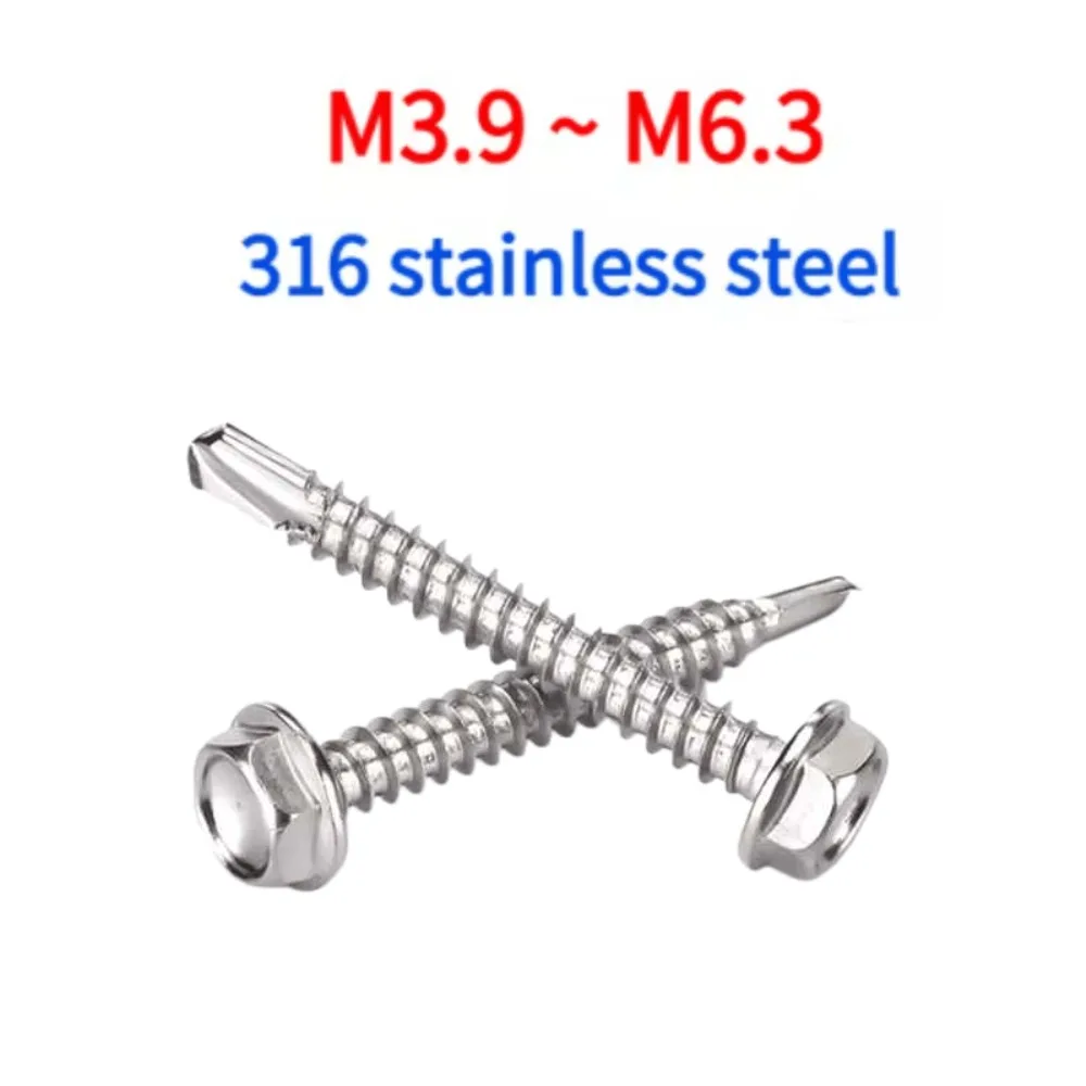 316 SS Hex Head TEK Self‑Drilling Screws M3.9‑M6.3, Weather Resistant Self‑Tapping Roofing Fasteners for Exterior Metal Panel