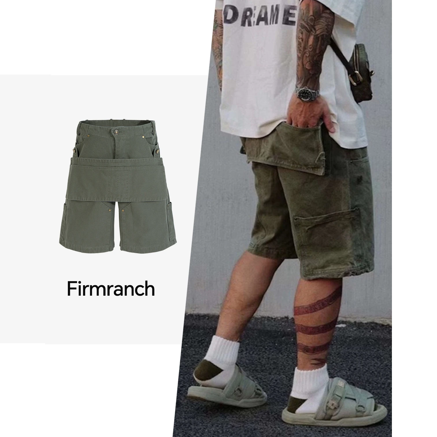 Firmranch Spring/Summer High Street Cargo Shorts Pant With Removable Functional Gardening Work Bag Double Keen Casual Trousers