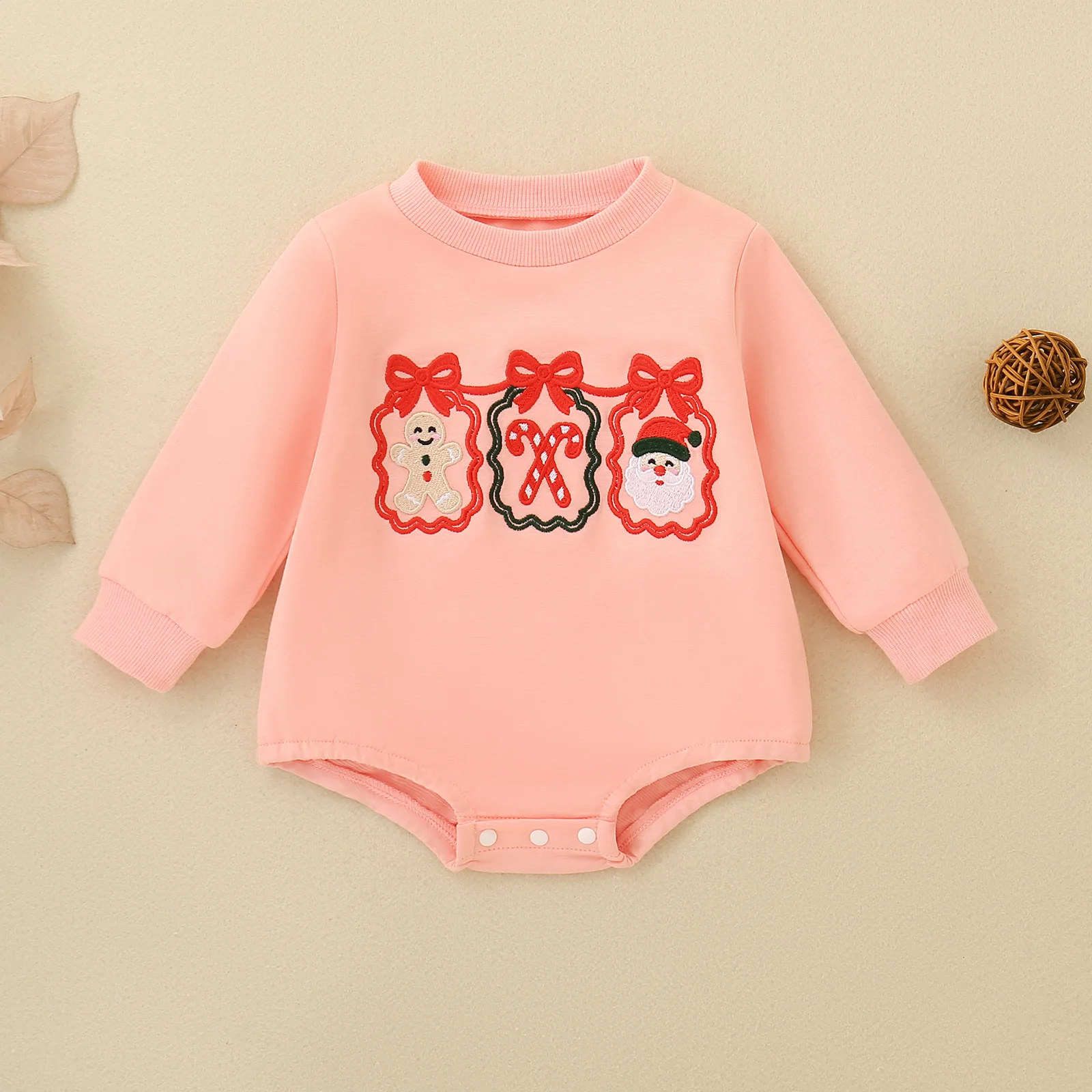 Pink Baby Long‑Sleeve Bodysuit Christmas Gingerbread Man Santa Candy Cane Embroidery Infant Fall Winter Romper Newborn Xmas Outf