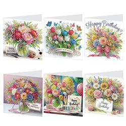 6Pcs Diamond Painting Greeting Cards Kits,DIY Beautiful flowers Handmade Festival Greeting Diamond Art Birthday Cards Creative