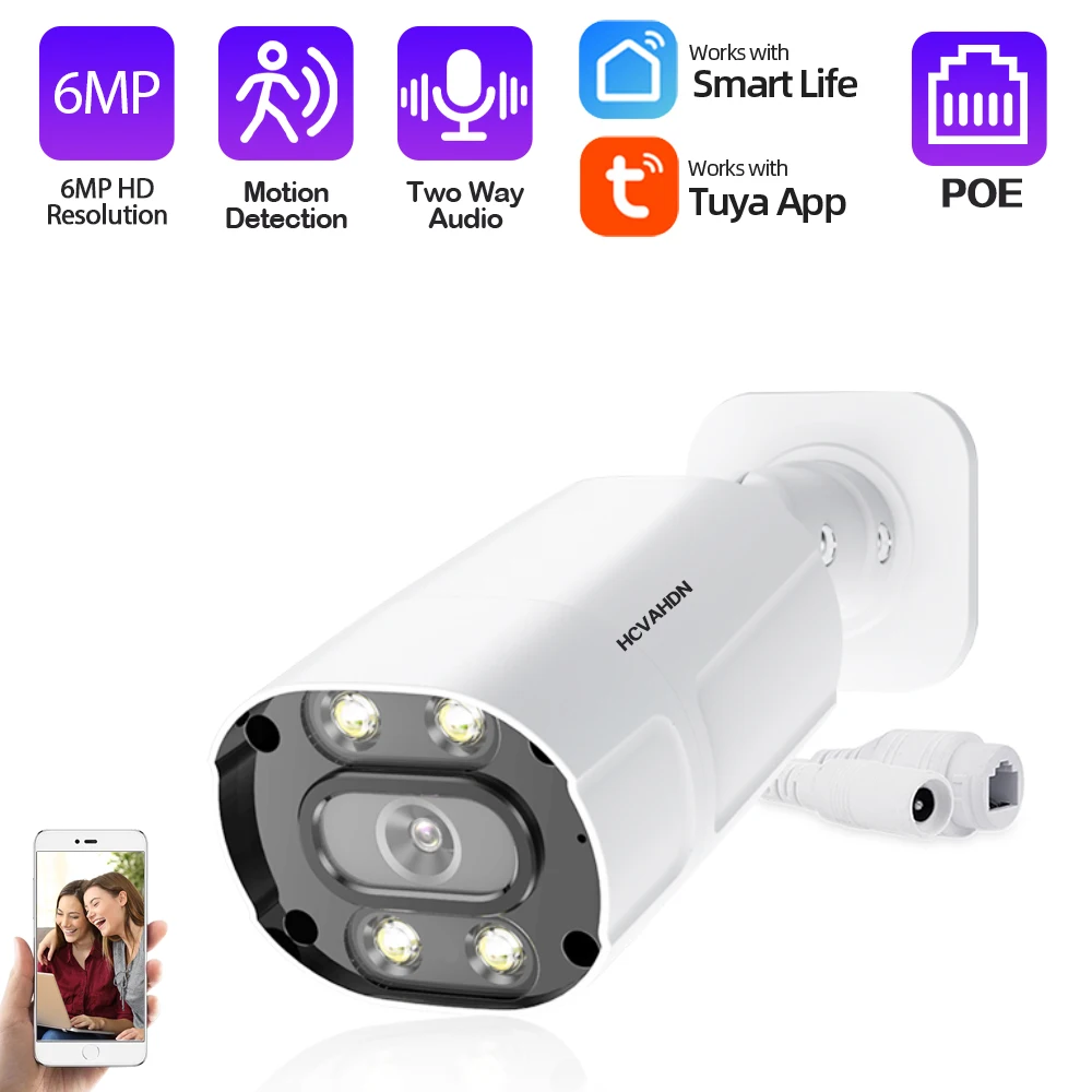 Caméra de surveillance bullet IP POE HD 5MP/6MP, dispositif de sécurité sans fil, avec vision nocturne et système intelligent, compatible avec Tuya