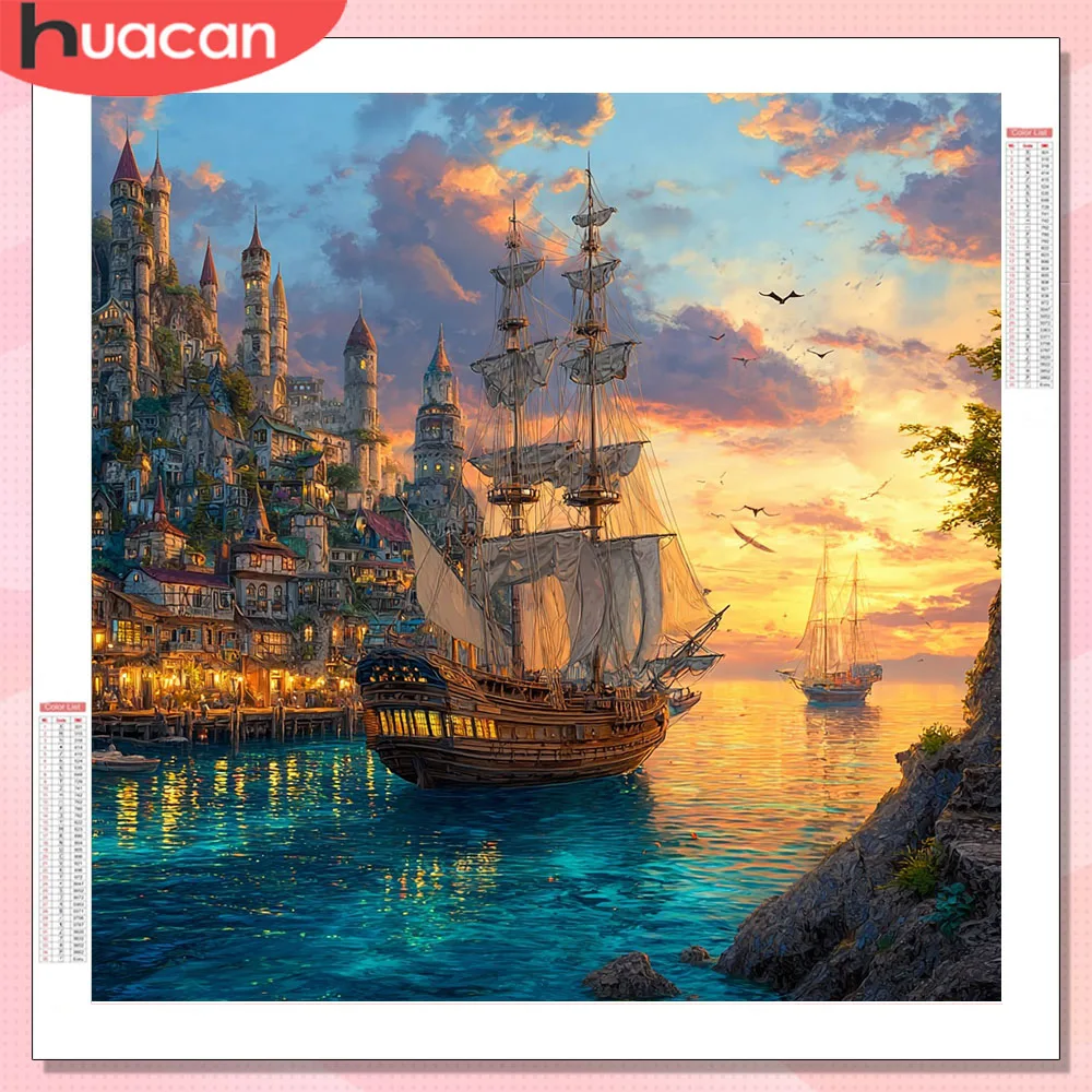 HUACAN Diamond Art Paintings Sailboat Landscape Diamond Mosa