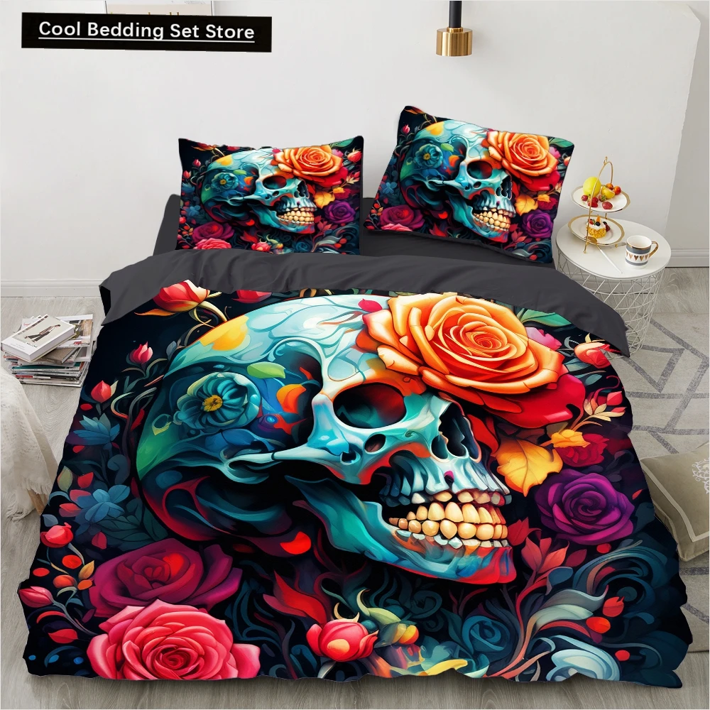 

Rose Skull Flower Bedding Set Cartoon Comforter Sets Double Queen King Twin Full Size Duvet Cover Set Kids Girls White Bed Linen