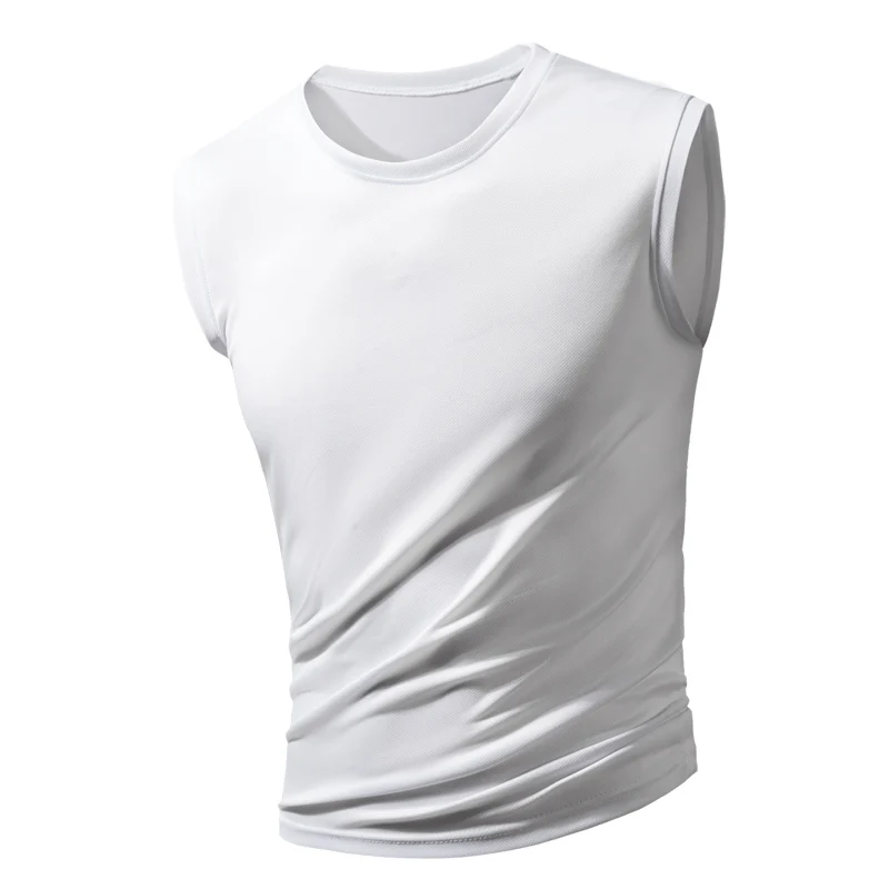 Men's new ice silk sleeveless vest fitness sports running T-shirt solid color breathable loose large size figure short sleeve