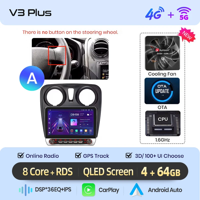 Junsun 13.1″ QLED draadloze CarPlay Android Auto autoradio voor Renault Logan 2 Sandero 2 2014-2019 intelligente systemen DSP SWC