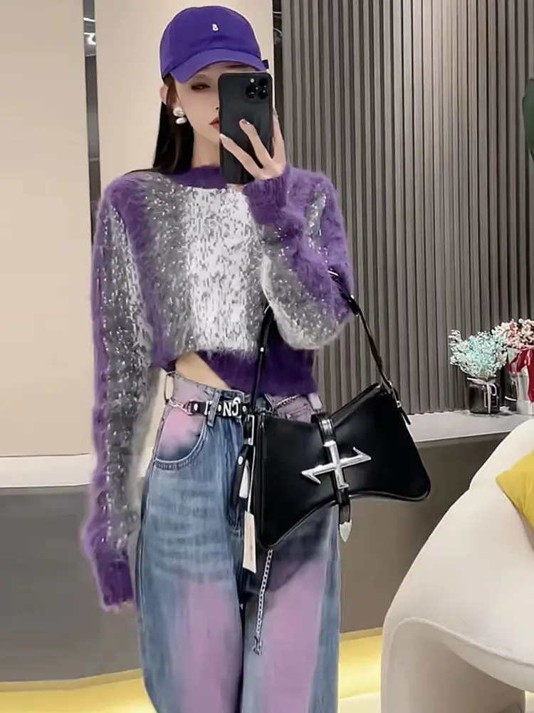 Korean Fashion Furry Contrast Color Sweater for Women 2023 New Autumn Winter Short Knitted Top Elegant Oversized  Pullovers