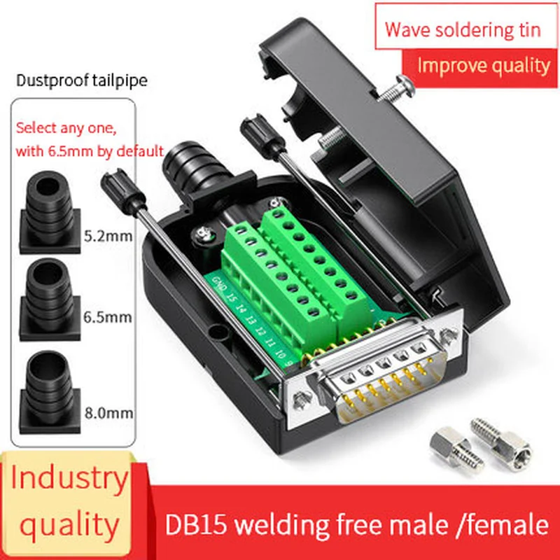 DB15 Solderless Breakout Board Connector, RS232 D-SUB Serial  Port Terminal Block 17mm Thinner Solderfree Adaptor with Tail Pipe