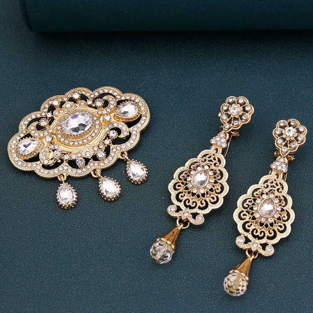 Sunspicems Moroccan Wedding Jewelry Bridal Brooch Earring Set Gold Color Red Green Crystal Hijab Pins Arabic Wedding Accessories