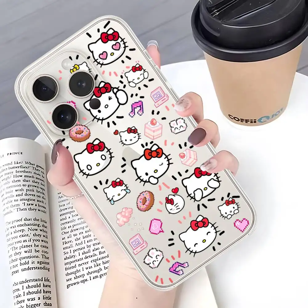 حافظة هاتف H-Hello Kittys لهاتف آيفون 17 16 15 14 Plus 13 12 11 Pro Max غطاء خلفي شفاف مضاد للصدمات