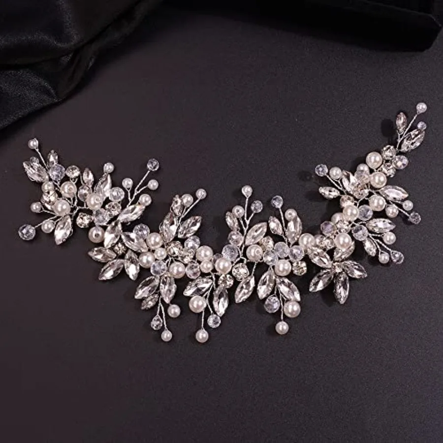 

Dainty Rhinestones Pearls Crystal Large Headband Vine Handmade Bridal Flower Headband Wedding Hair Accessories for Brides Hair