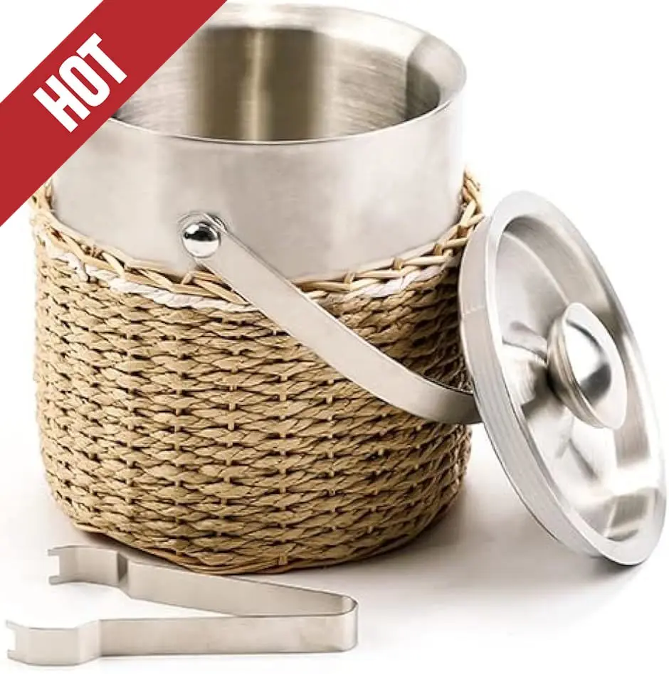 

Ведро для льда с крышкой, 2-литровое изолированное ведро для льда из нержавеющей стали с плетеной внешней корзиной и щипцами для вечеринки, барного стола, кусок