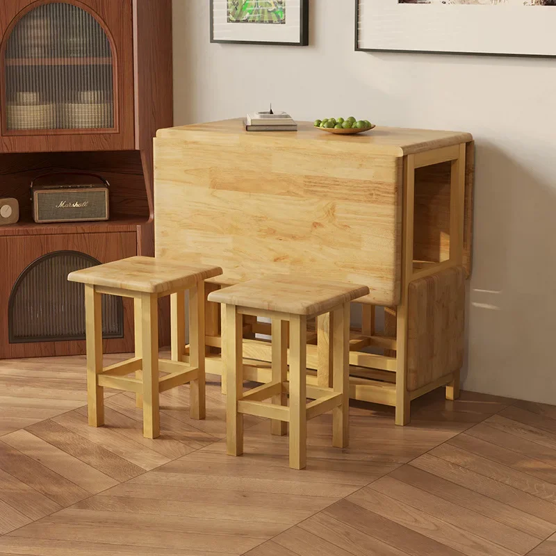 Folding table household small apartment, dining table rectangular solid wood, can be stored in a set for eating