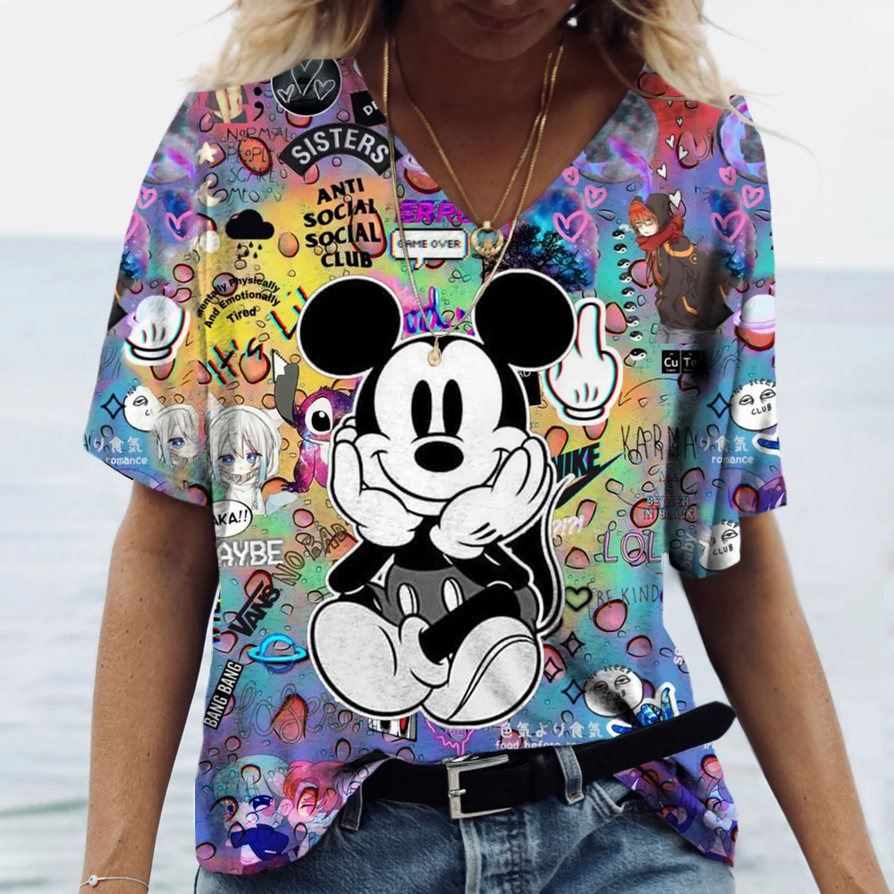 Top Women Disney Mickey Mouse Print Women\'s T-Shirt Oversized T-Shirt Popular Clothes Women Clothing Short Sleeve Tees Blouse V-