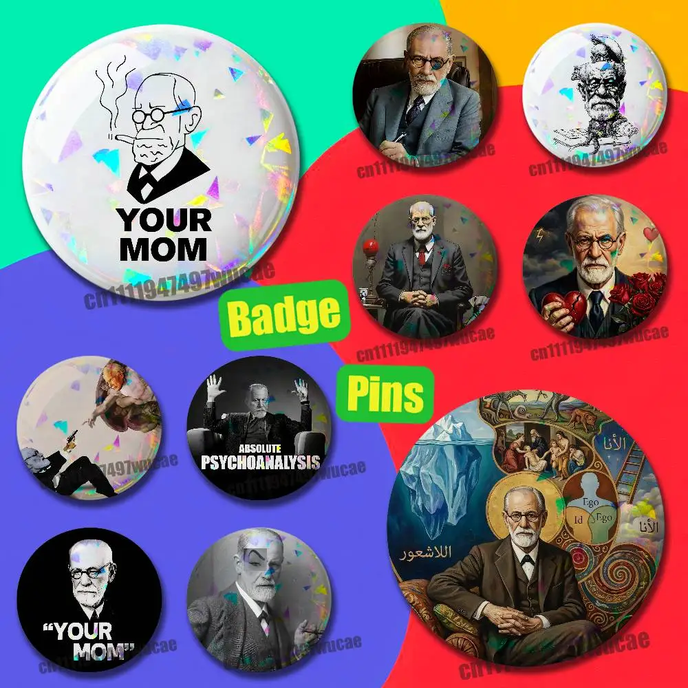 For Psychoanalysis Psychology Sigmund Freud Badge Cover DIY Pin Insignia Emblem Button Round Gift Cosplay Laser Film Case