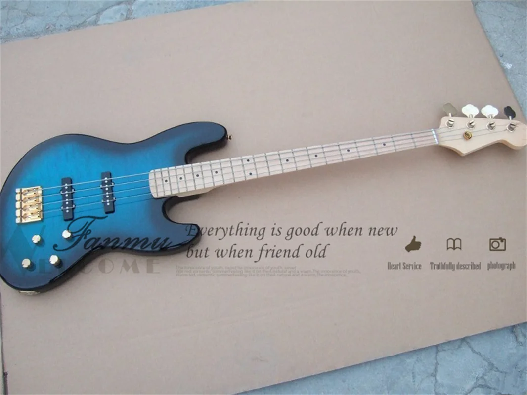 4 Strings Blue Bass Guitar Squilted MapleTop basswood Body Maple Neck Fixed Bridge Gold tuners