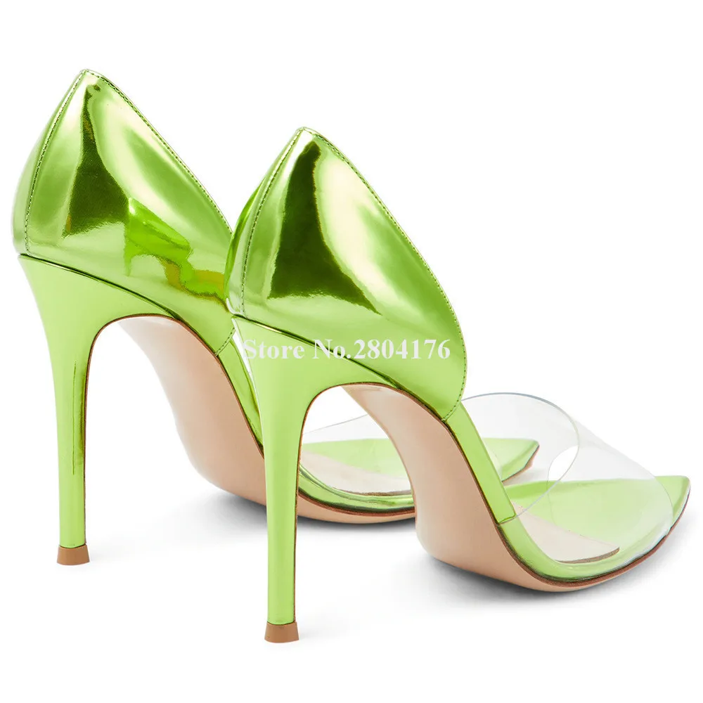 Sexy PVC Patchwolk Stiletto Heel Pumps Pointed Open Toe Green Nude Rose Gold Transparent Slip-on High Heels Wedding Heels