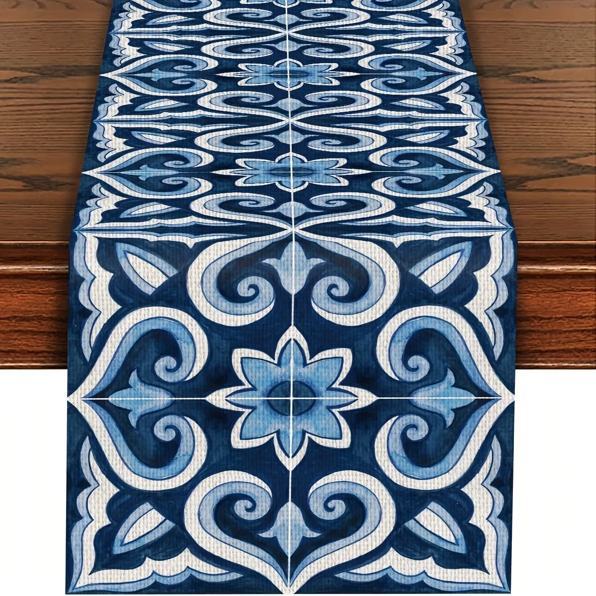 Bauernhaus-Tischläufer aus Leinen mit blauem Fliesenmuster – elegantes Design für Küche, Esszimmer, Urlaub, Party, stilvolle, gemütliche Tischdekoration für Zuhause