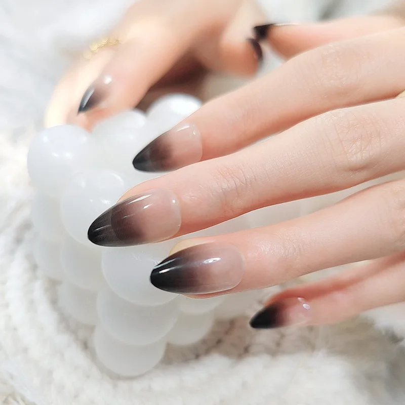 24pcs Gradient Black Pointed Nail Art Fake Nails Press On Nail Tips Artificial Nails Wearable Long Almond False Nails Finished