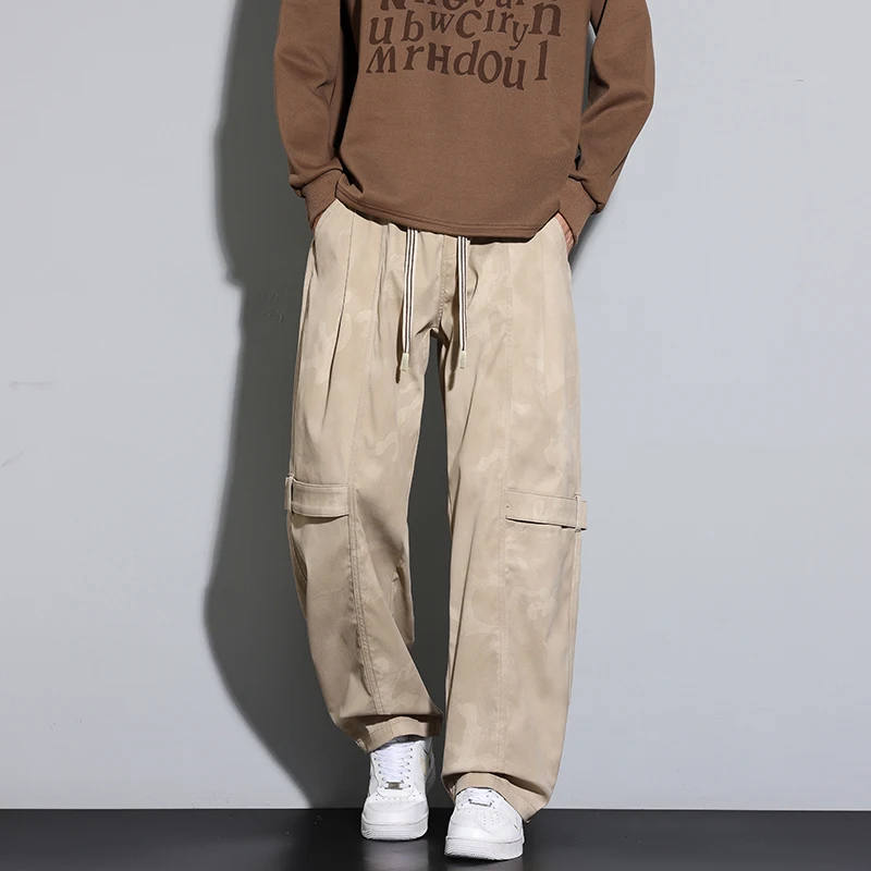 

Трендовые окрашенные в галстук повседневные мужские брюки цвета хаки, весенне-осенние брюки-карго с несколькими карманами, прямые широкие брюки, мужские длинные брюки