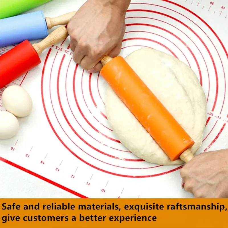 1/4Pcs Non-Stick Silicone Rolling Pin Wooden Handle Pastry Dough Flour Roller Kitchen Cooking kid Baking Tool For Pasta Dough
