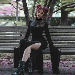 Black High Waist Flared Sleeve Lace Cutout Gothic Maxi Dress Halloween Party Long Dress Street Aesthetic Clubwear Maxi Dress