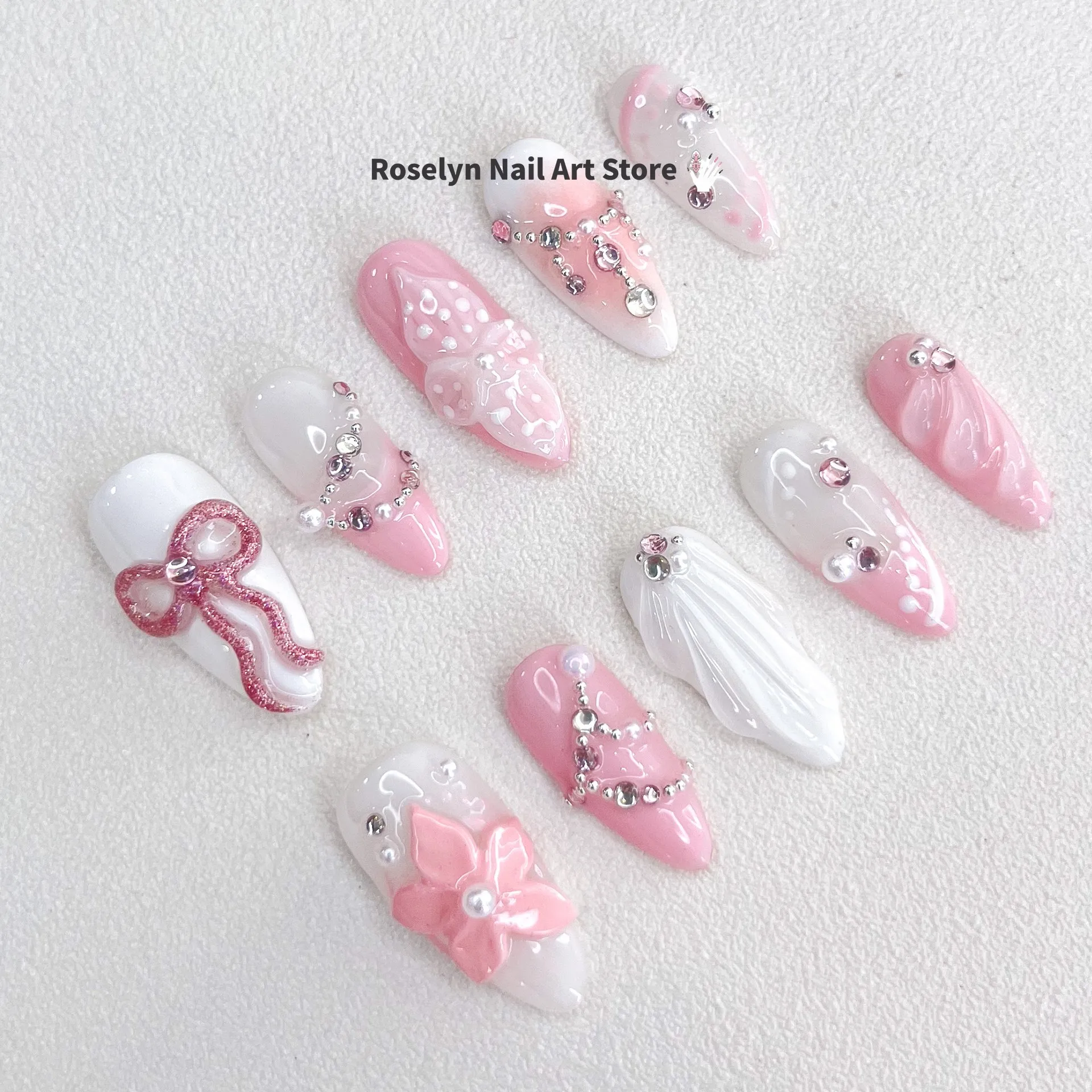 3D Handmade Designer Fake Nails Pink Bow Relief Nail Gloss Fake Nails, Comes with Tool Kit Nail Press On