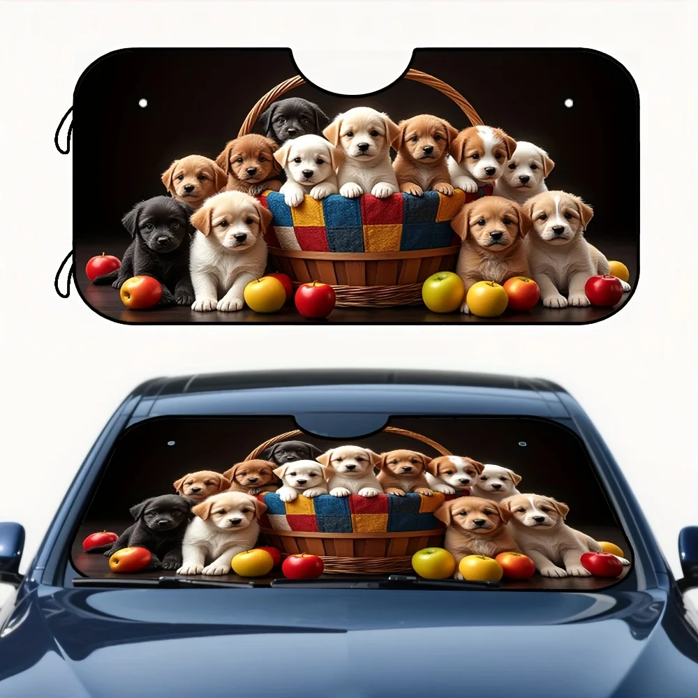 

1pc Cute Puppy & Garden Flowers Car Sunshade Visor - Foldable Windshield Shade With Adorable Puppies In Basket Design, Keeps You
