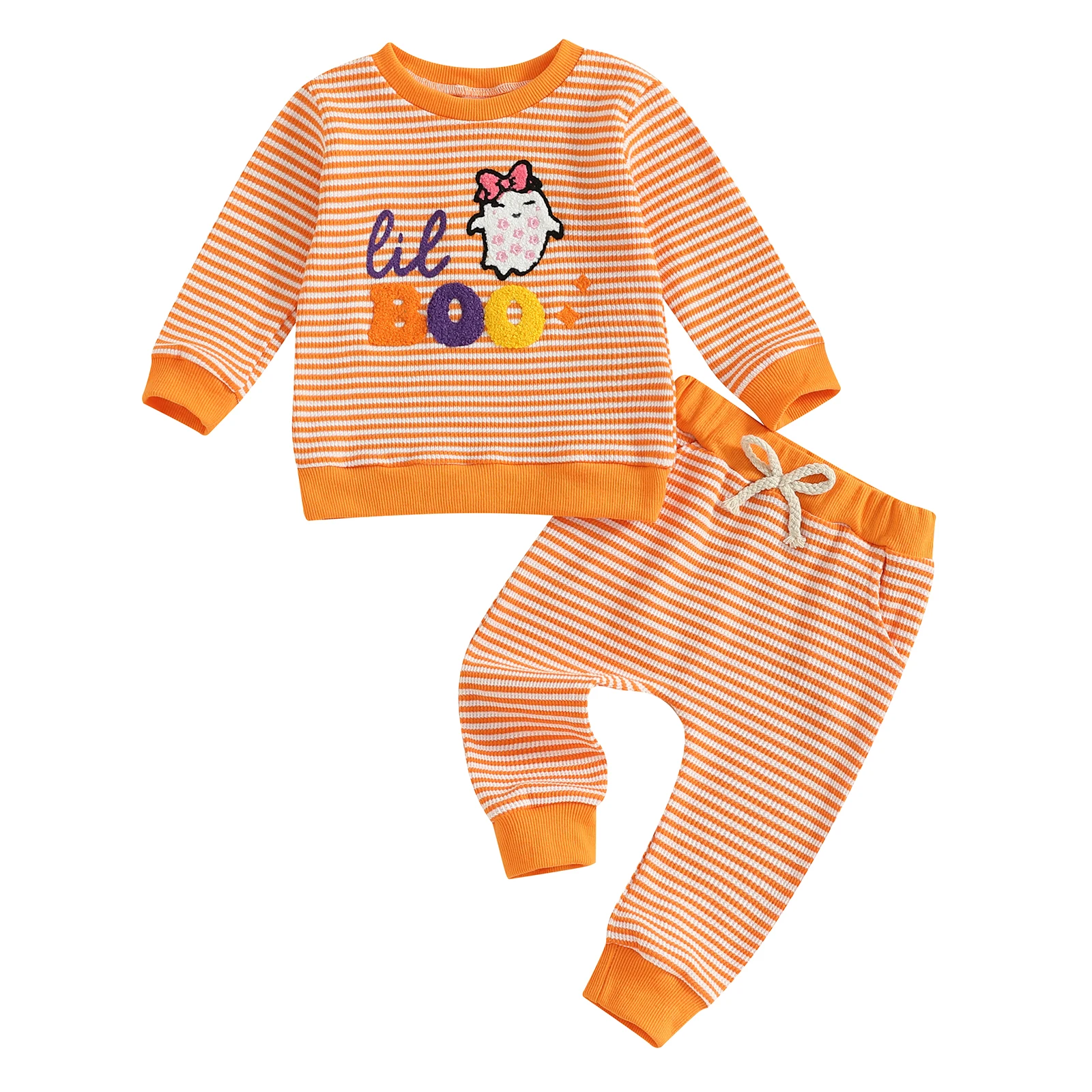 

Toddler Girls Halloween Costume Cute Pumpkin Print Long Sleeve Crew Neck Sweatshirt and Striped Sweatpants Outfit for Fall