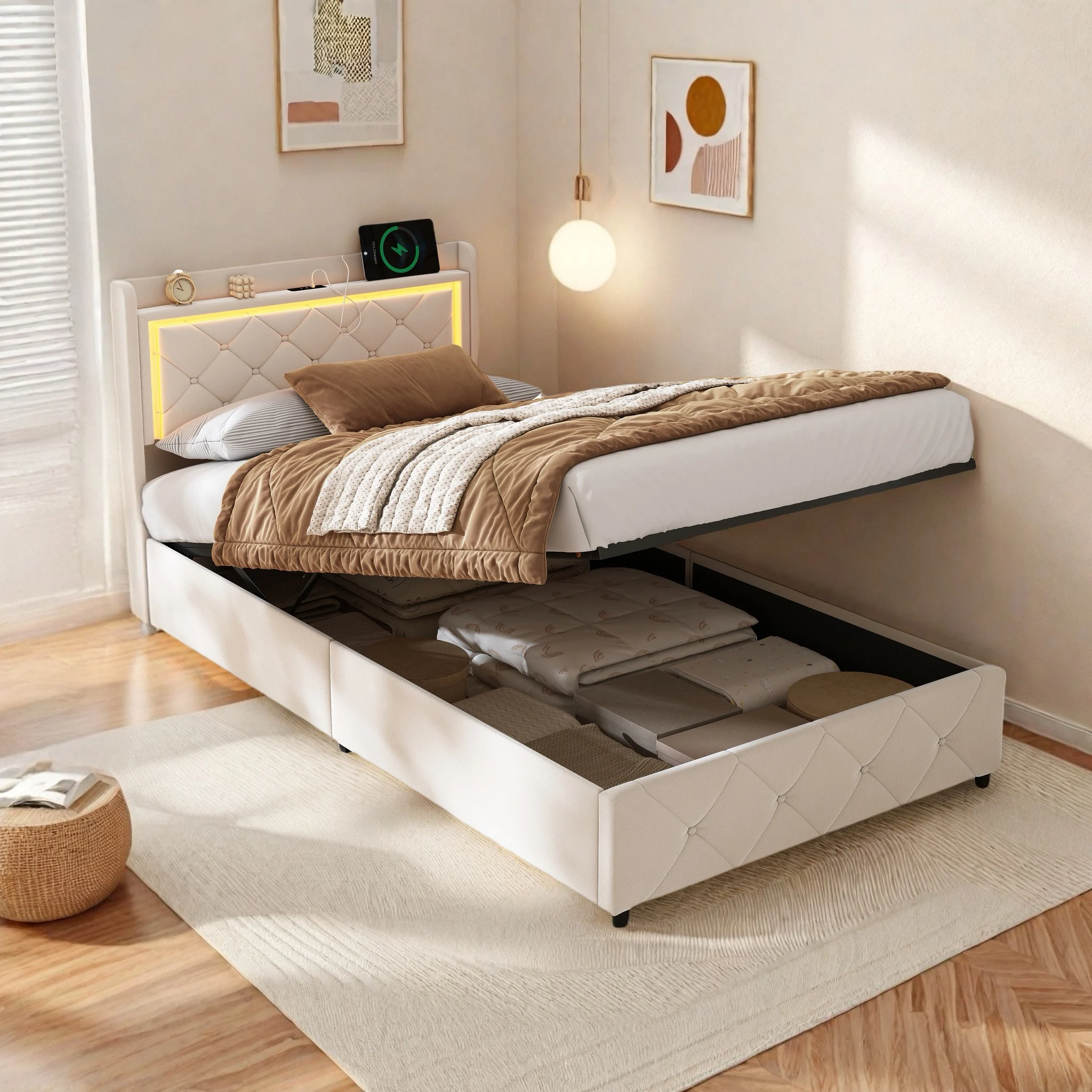 Rosahqnda Cama individual 90 x 200 cm, Cama infantil, Cama juvenil, con LED y puerto de carga, estructura de listones de madera, tela de terciopelo beige