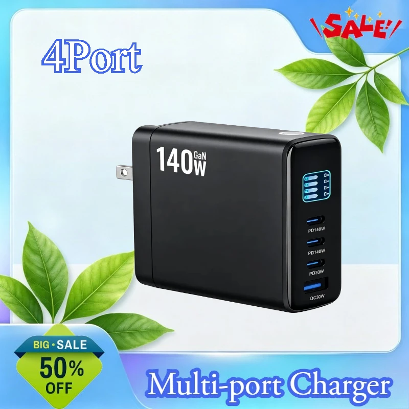 140W Gallium Nitride TFT Display Screen Charger with Foldable and Interchangeable Plug for Laptop and Smartphone