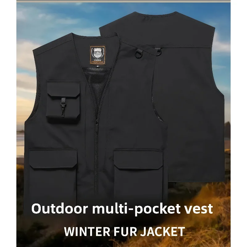 Printing Logo Fishing Photography Multi-Pocket Vest Outdoor Mountaineering Sports Vest Solid Color Breathable Sleeveless Jacket