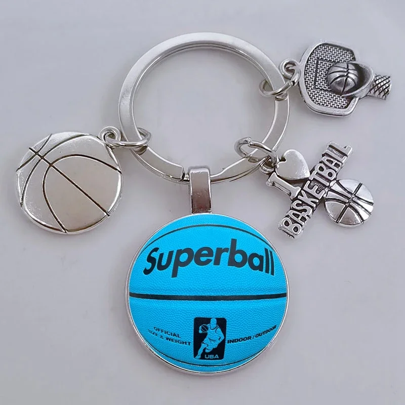 Fashion Play Basketball Photo Keychain Basketball Team Souvenir Glass Cabochon Keychain Sports Basketball  Keyring Ornament