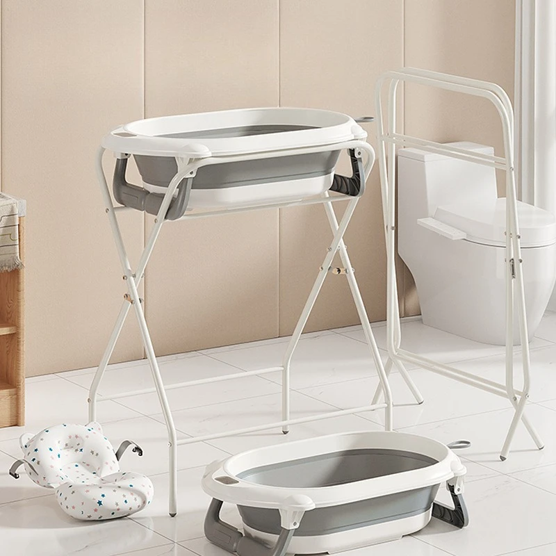 All-in-One No-Bend Baby Bathtub Set with Basin Holder, Folding Stand & Elevated Drying Rack - Newborn to Toddler