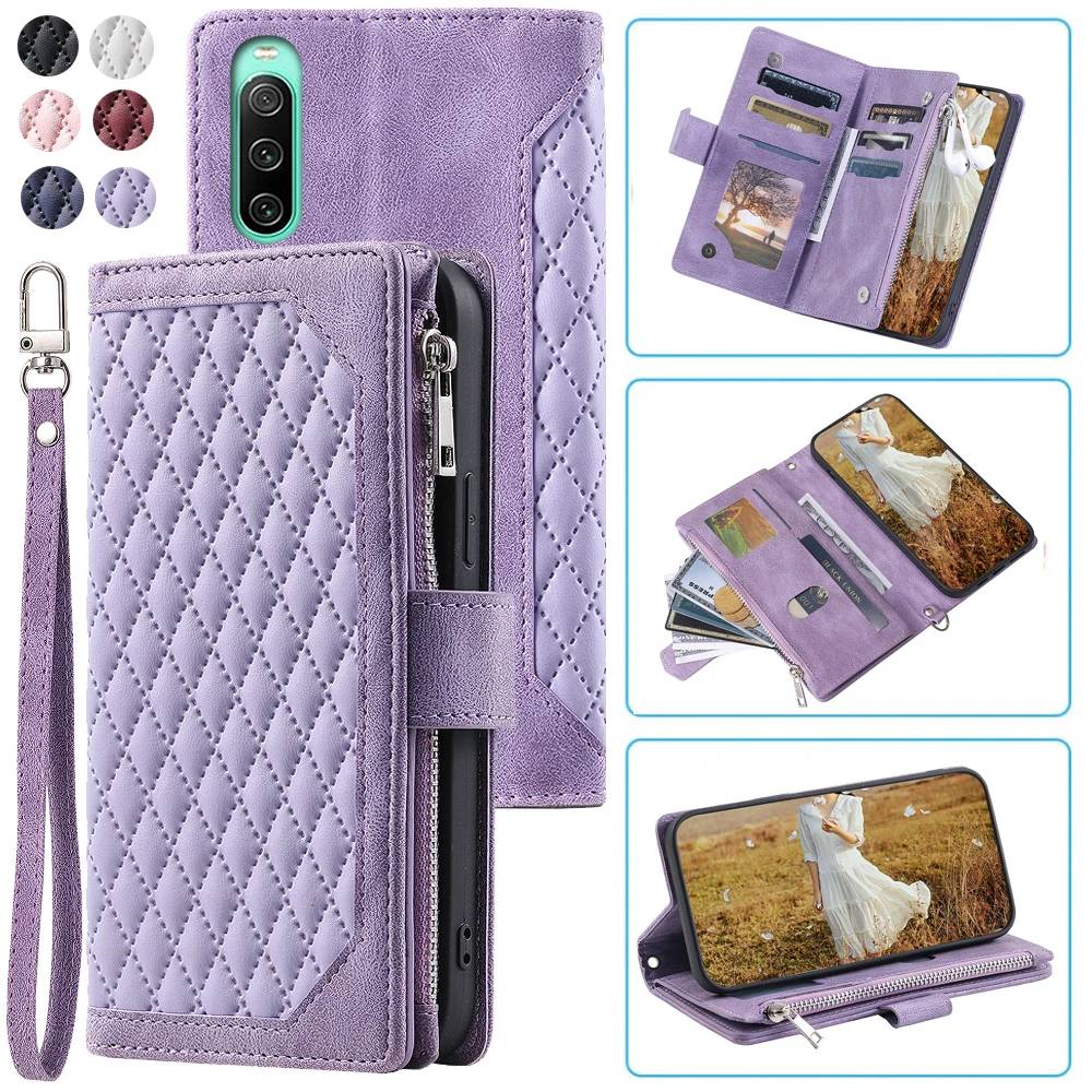 

Fashion Zipper Wallet Case For Sony Xperia 10 IV Flip Cover Multi Card Slots Cover Phone Case Card Slot Folio with Wrist Strap