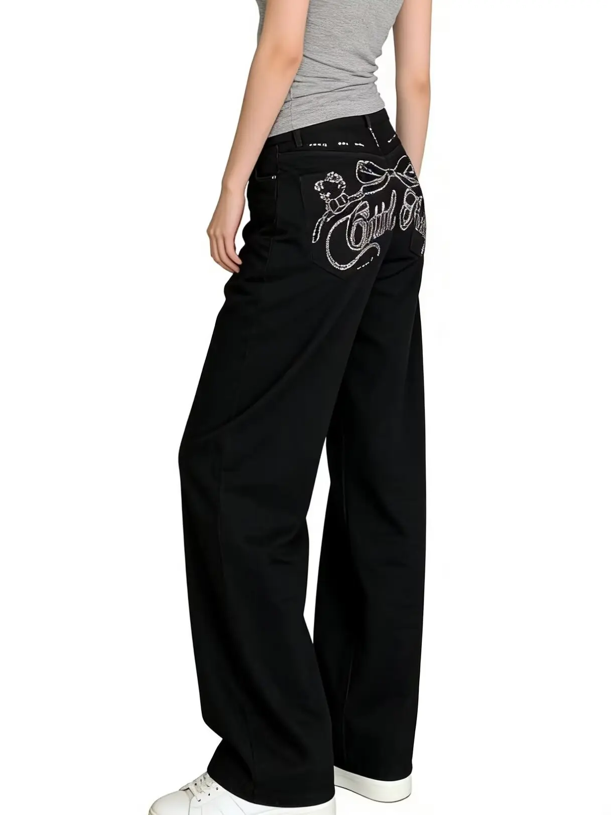 Embroidered Letter Printed Jeans 2026 Spring Women New Style Sweet Cool Spicy Girl High Waist Temperament Wide-Leg Pants
