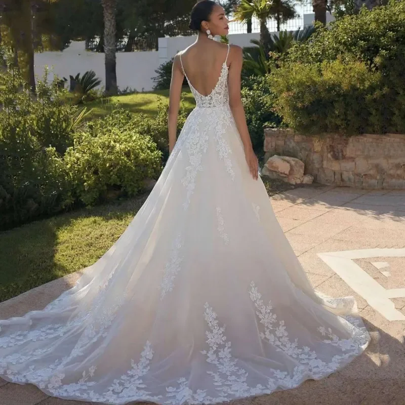 Vestidos de casamento elegantes para mulheres, apliques de renda, costas abertas, tule, cintas de espaguete, vestido de baile nupcial