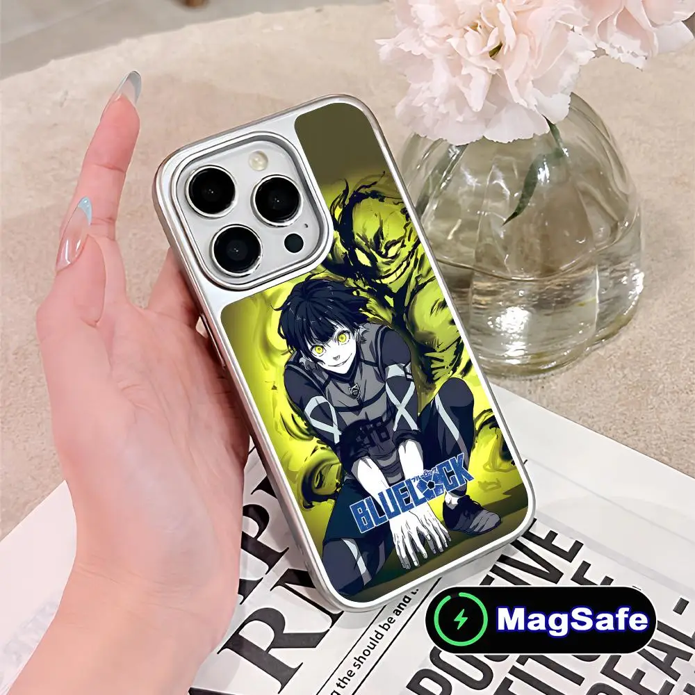 

Чехол для телефона Bachira Meguru с синим замком для iPhone 17, 16, 15, 14, 13, 12, 11 Air Pro Max Plus Magsafe, цветной чехол с серебряным покрытием