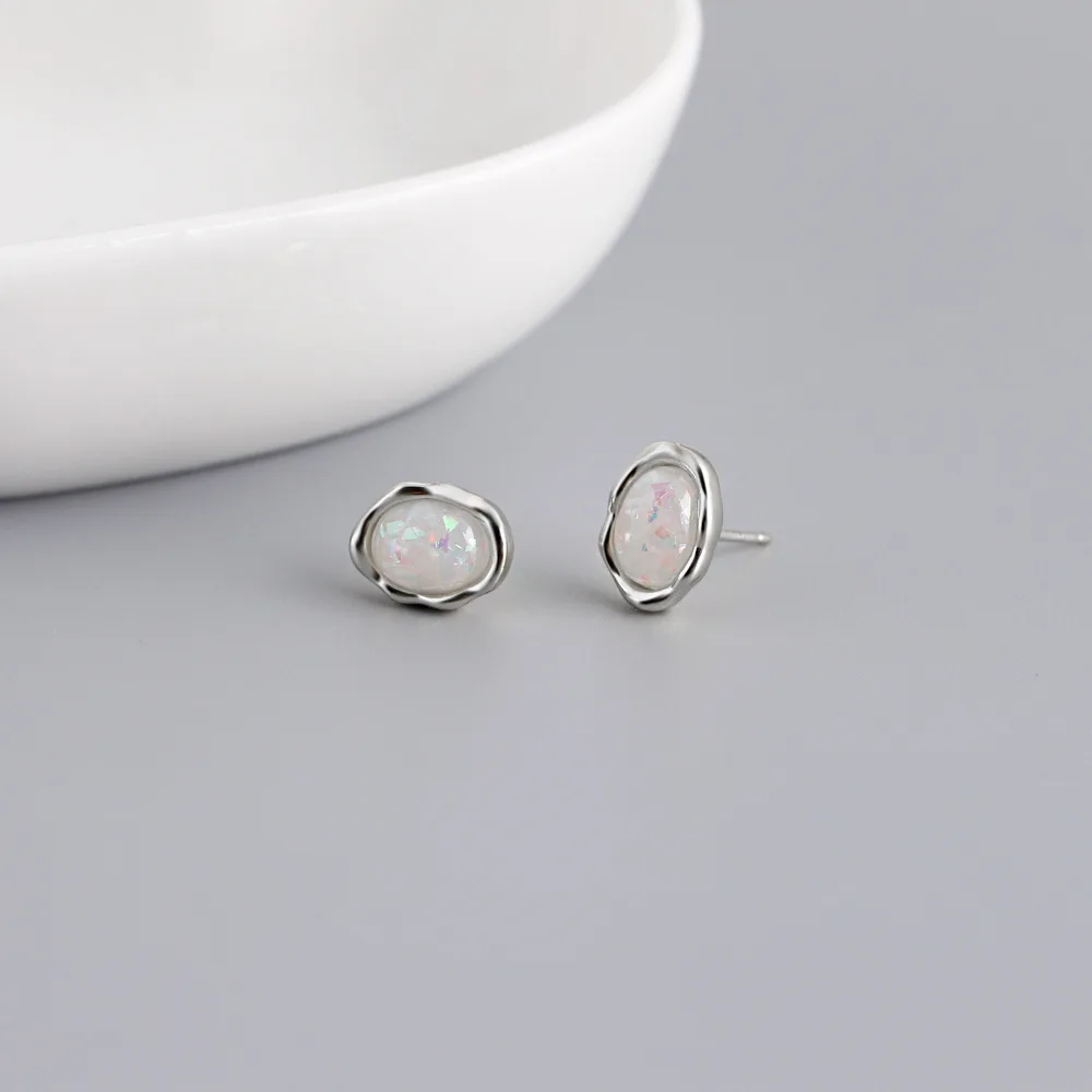 RY 925 Sterling Silver Classic Opal Stud Earrings for Women Girl Simple Small Korean Fashion Geometric Jewelry Party Accessories