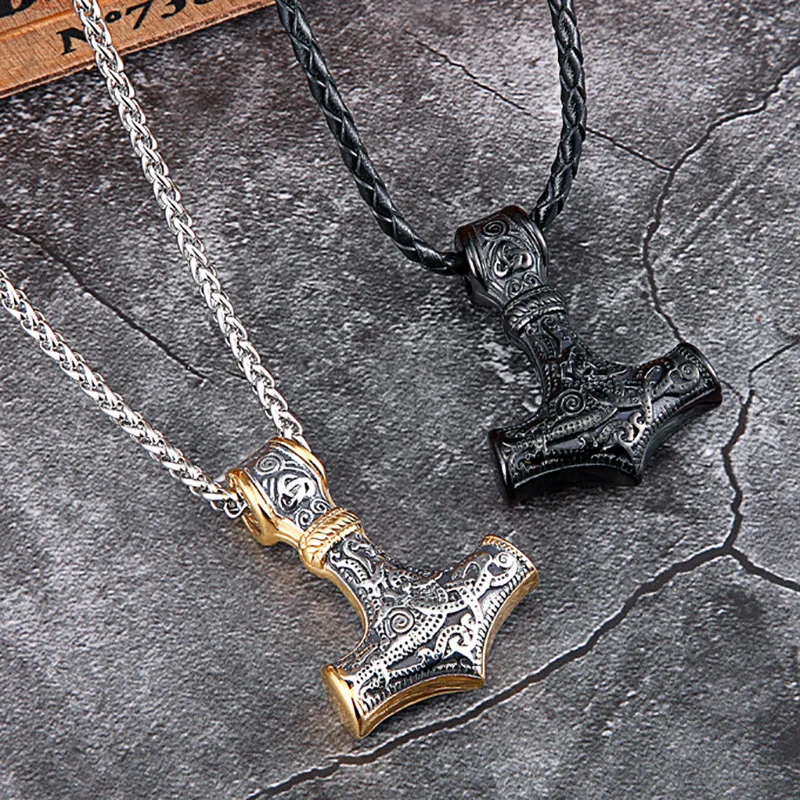 Stainless Steel Thor Hammer Mjolnir Pendant Necklace Viking Dragon Engraved Norse Retro Vintage Punk Cool Jewelry for Men