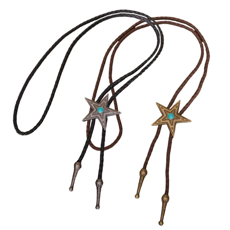 

Men's Rodeos Bolo Tie with Metal Star and Turquoises Leather Cord Necktie Adjustable Chain Necklace for Western Fashion