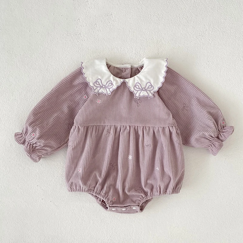 2026 Baby-Mädchen Cord-Strampler 0-24M Süßer Schleifenkragen mit Stickerei Langarm-Body für Kleinkinder Mädchen Frühling Winter Jumpsuit – Detail 2