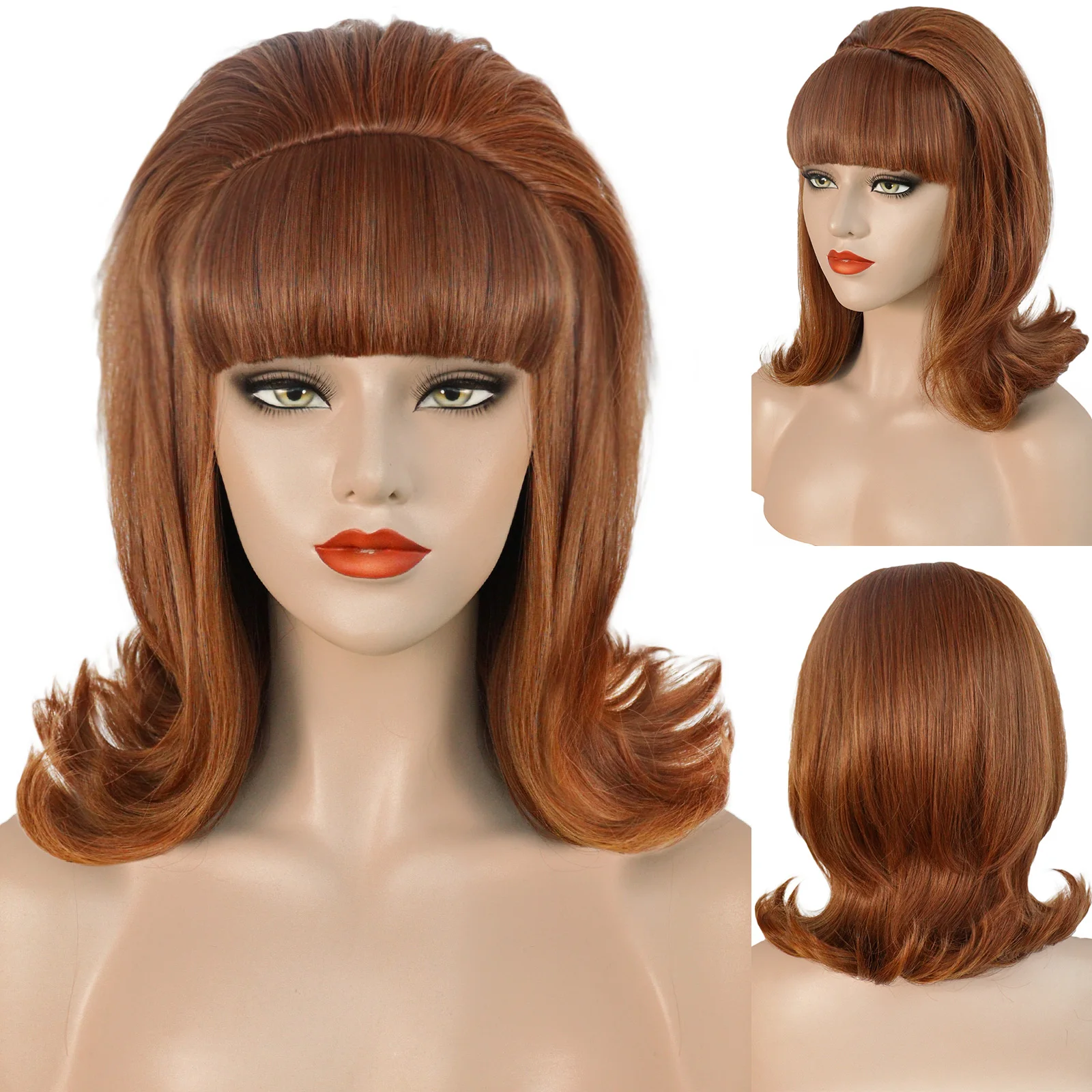 

Синтетические коричневые парики с челкой в стиле ретро, пышные улья, подходят для вечеринки в честь Хэллоуина 80-х годов, женский многослойный флип-парик средней длины