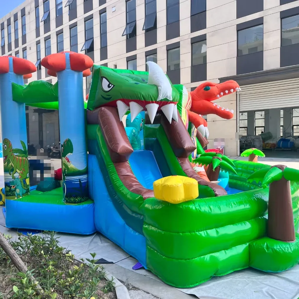 Large inflatable amusement park dinosaur theme inflatable trampoline paddling pool double slide swimming pool