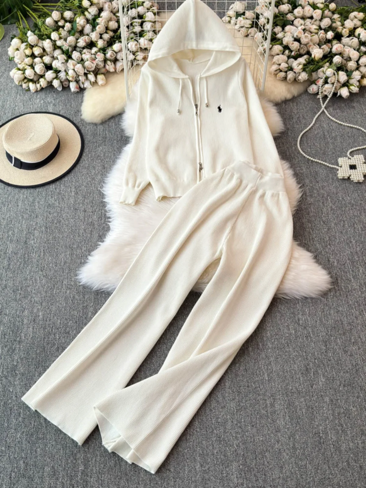 

Women's Hooded ort Knitted Sweater Long Pants Two-Piece Set High Waist Wide Leg Casual Autumn Winter New Sle Ensemble