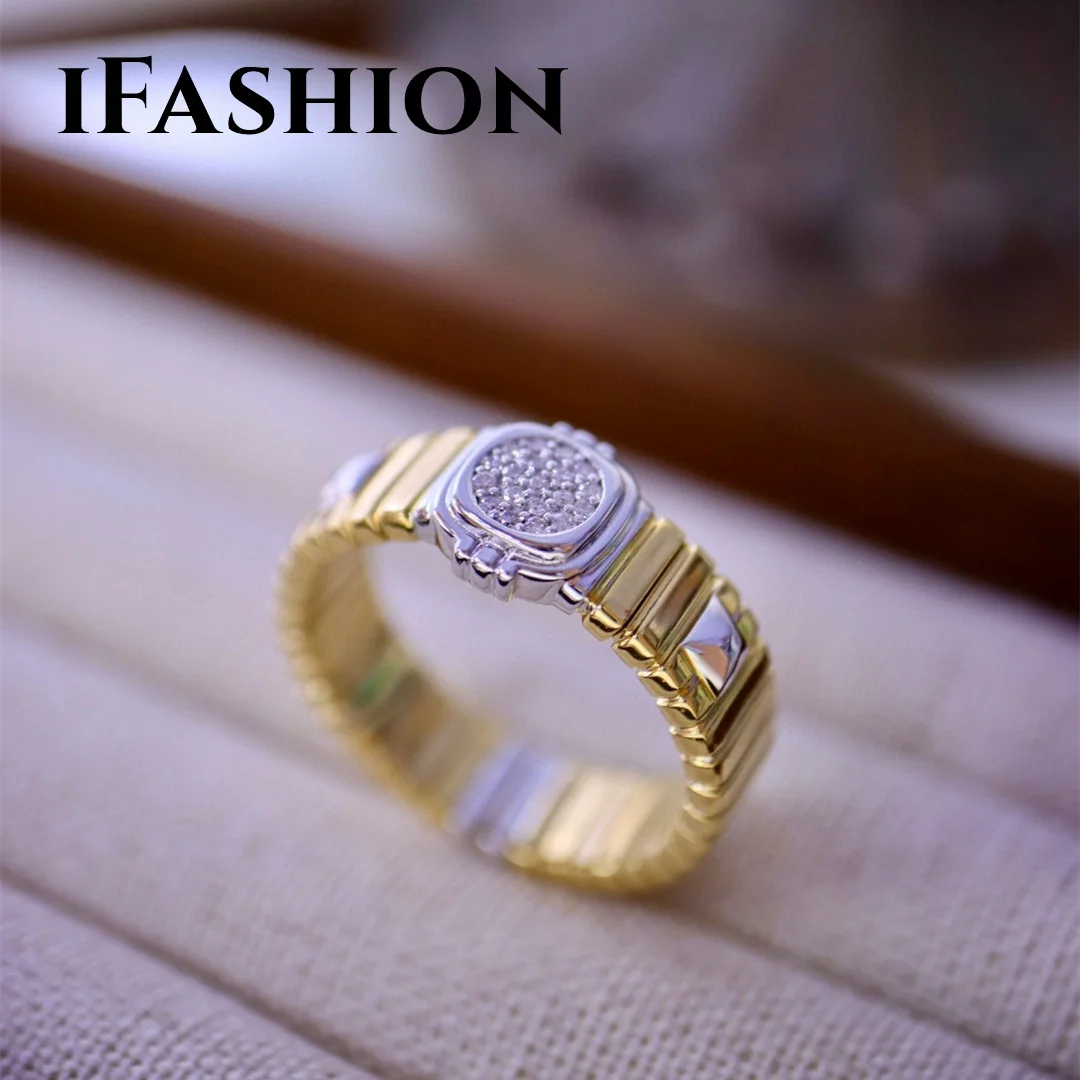 

IFASHION Elastic Diamond Ring Bicolor 18K Solid Yellow White Gold Jewelry(AU750)Women Ins Blogger Popular Fashion Personality