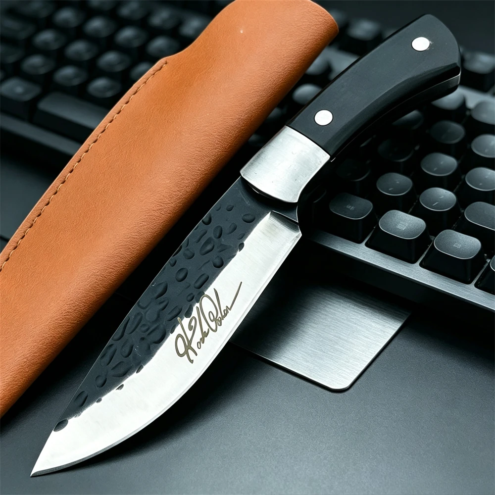 Hand Forged Full Tang Fixed Blade Utility Knife with Ebony Handle & Leather Sheath, Portable Outdoor Camping Gift Knife for Men