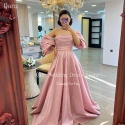 Qanz Dusty Pink Satin Evening Dresses Detachable Sleeves Long Robes De Soirée Strapless Elegant Vestidos De Noche Customized