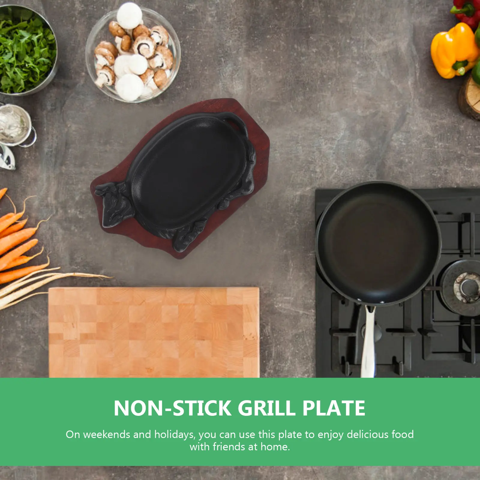 

1Set Cast Iron Steak Plate Lightweight Portable Grill Plate for Steak Fish Teppanyaki Barbecue Roasting Pan with Wood Tray Home